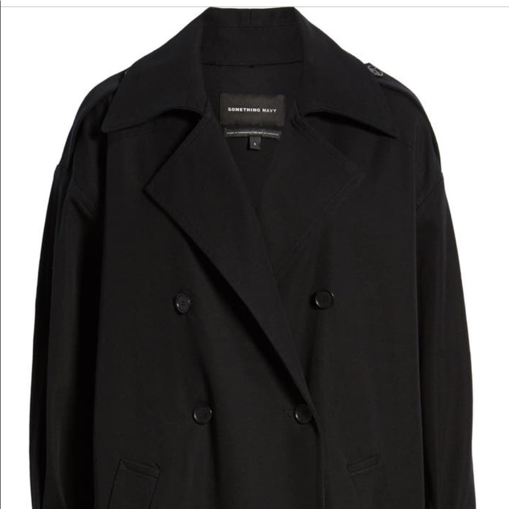 NEW SOMETHING NAVY Black Easy Oversized Tench Coat Size Medium - Picture 5 of 7